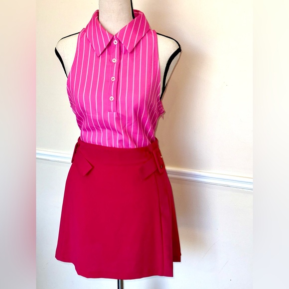 Pink striped bodysuit & pink Pleated Skirt with Belt - Picture 2 of 5